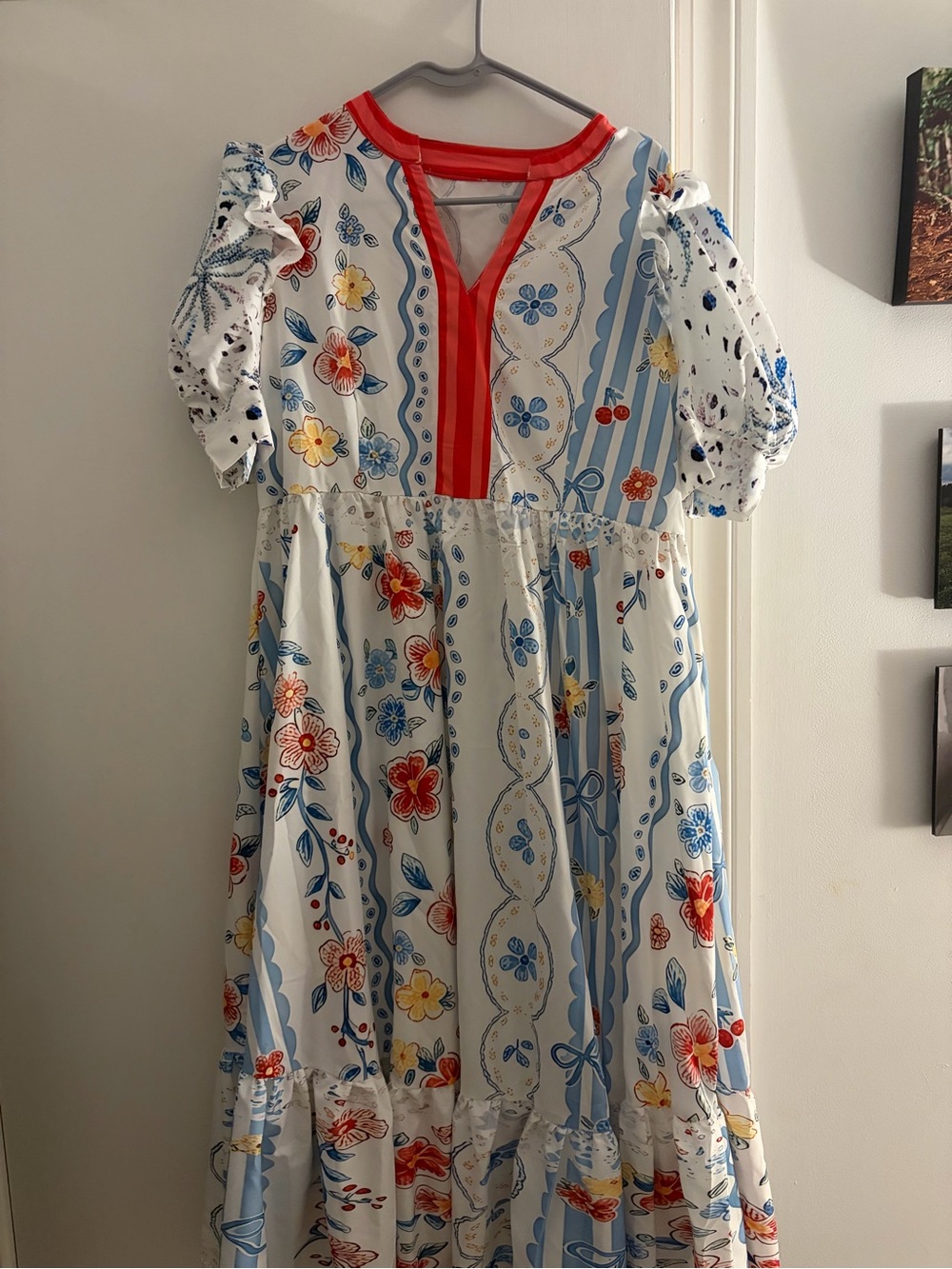 SHEIN White Floral Maxi Dress with Blue Stripes and Red Trim